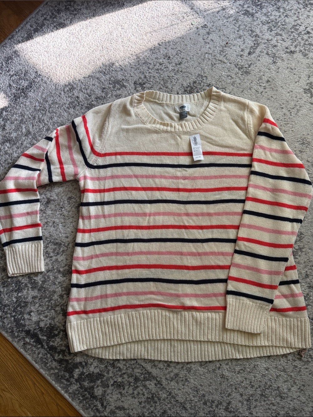 Old Navy Cream Crewneck Sweater with Red & Navy Stripes